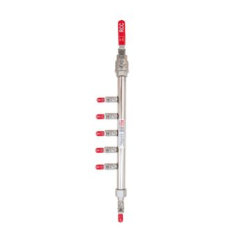 5-Station S/S  Air Manifold. 3/4"BSPT Valved Inlet c/w 5 x 1/4" BSPT outlet. Left aligned.