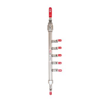 5-Station S/S  Air Manifold. 3/4"BSPT Valved Inlet c/w 5 x 1/4" BSPT outlet. Right aligned.